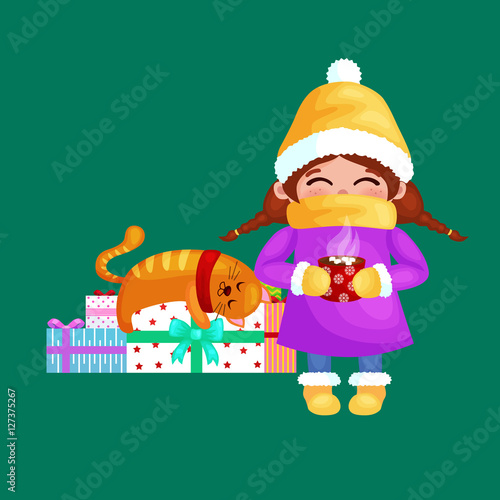 Hand drawn beautiful cute girl with cup of coffee in hands. Winter holiday and Merry Christmas kids vector illustration.
