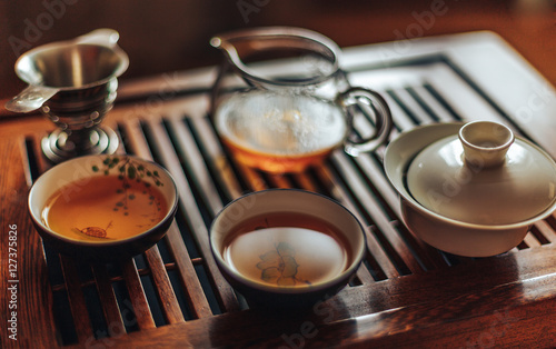 Chinese tea ceremony, shen puer tea, transparent glass, Pialats, tea set photo