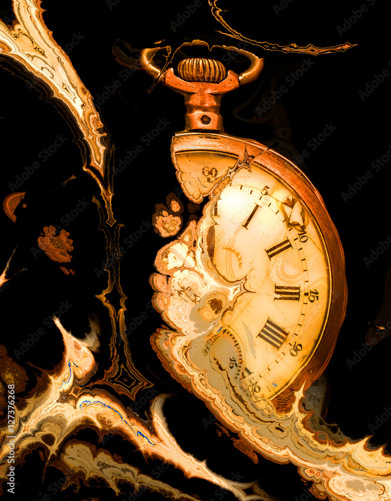 Obraz premium Fractal Time series on black background. Abstract golden clock fractal. For Puzzle or tie prints. Digital artwork for creative graphic 