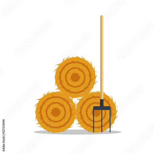 Flat dried haystack with hayfork isolated on whit background. Farming haymow bale hayloft vetor illustration.