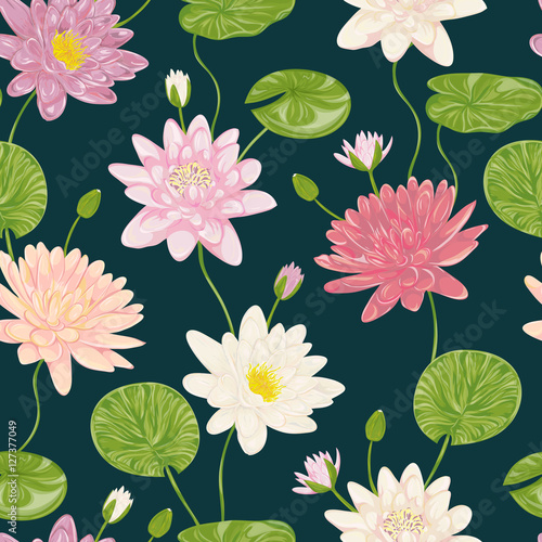 Seamless pattern with water lily. Collection decorative floral design elements. Flowers, leaves and buds. Vintage hand drawn vector illustration in watercolor style.