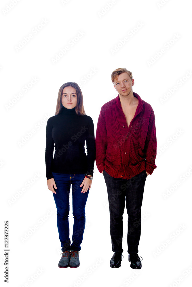 Fototapeta premium guy blonde and brunette girl in pants