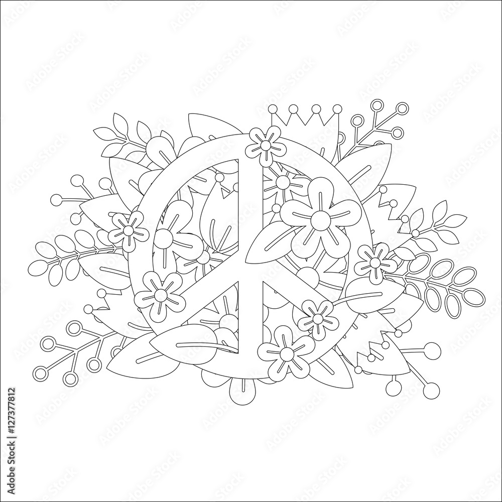 Coloring page design with peace symbol and flowers. Vector ilustration