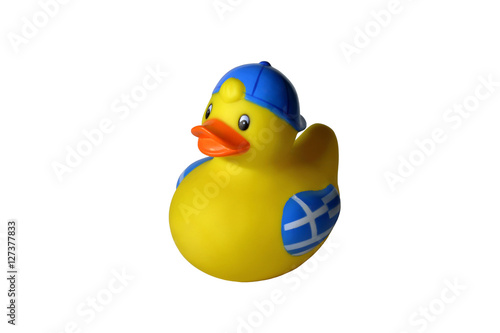 Rubber yellow duck. Bathing toy in the bathroom. Isolated on white background