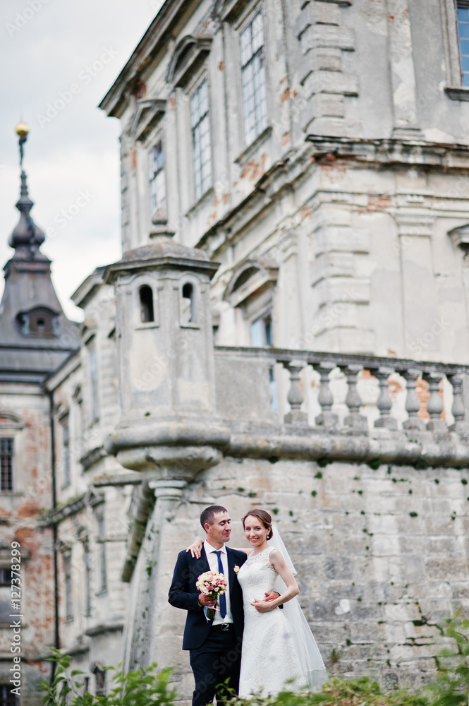Wedding couple background old vintage castle. Happy newlyweds at
