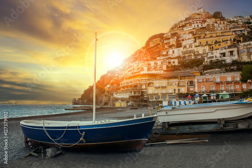 Fototapeta Naklejka Na Ścianę i Meble -  beautiful scenic of positano beach sorrento town south italy imp