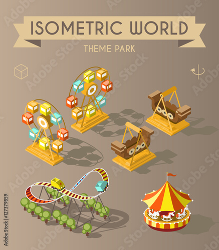 Set of Isolated Isometric Minimal City Elements. Theme park with Shadows on Dark Background.