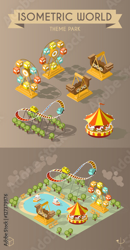 Set of Isolated Isometric Minimal City Elements. Theme Park with Shadows on Dark Background.
