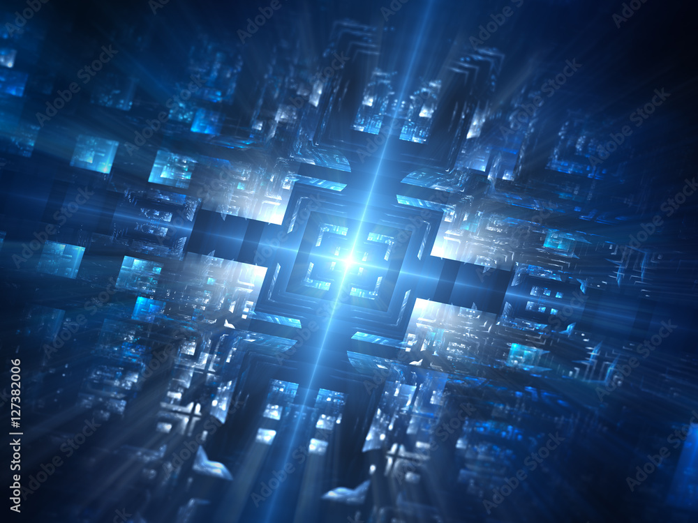 Futuristic blue glowing hardware network