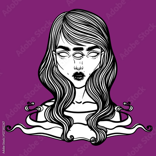 Portrait of mystic girl with three eyes. Vector illustration of a witch mutant. Monster with three eyes. photo