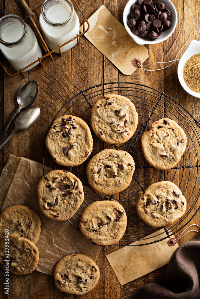 Homemade chocolate chip cookies with milk