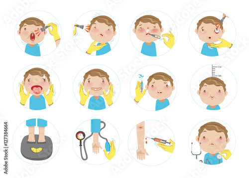 physical examination Hand of  doctor examining patient boy. The concept of health care. Vector cartoon illustration.