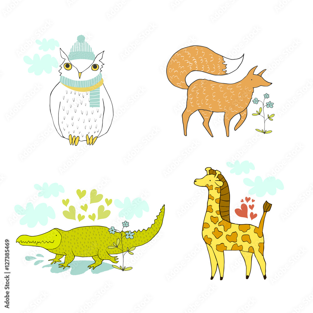Cute cartoon animals collection. Giraffe, crocodile, fox, owl. Can be used  for kid's or baby's shirt design, fashion graphic, fashion print design,  t-shirt and kids wear. Stock Vector | Adobe Stock