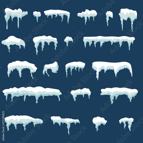 Snow. Snow cap ice and icicles. Ice stalactite , element for design . Snowball vector illustration . A set of ice sculptures