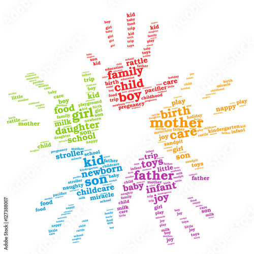 Parents and children. Word cloud, five hands in a circle, small font, white background. Family concept.