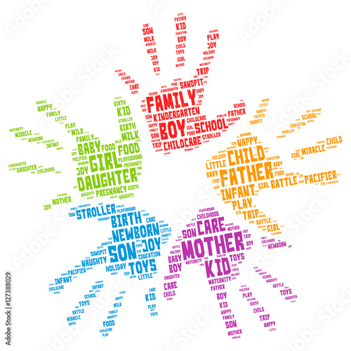 Children and parents. Word cloud, five hands in a circle, large font, white background. Family concept.