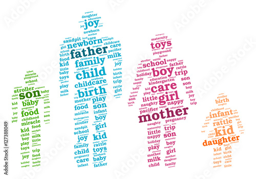 Parents and children. Word cloud, silhouettes of people, white background. Family concept.