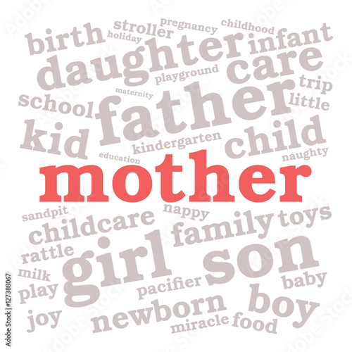 Mother. Word cloud, red font, white background. Family concept.