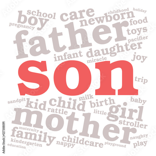 Son. Word cloud, red font, white background. Family concept.
