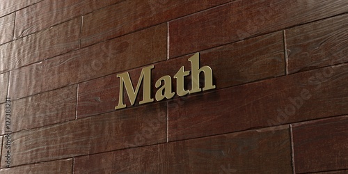 Math - Bronze plaque mounted on maple wood wall - 3D rendered royalty free stock picture. This image can be used for an online website banner ad or a print postcard.