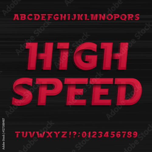 High speed alphabet font. Oblique dynamic letters numbers and symbols on a dark background. Vector typography for your design.