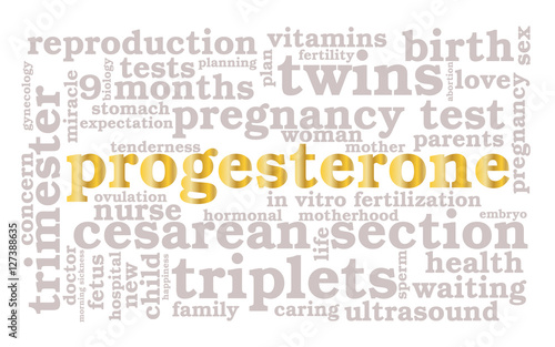 Progesterone. Word cloud, golden font, white background. The miracle of birth.