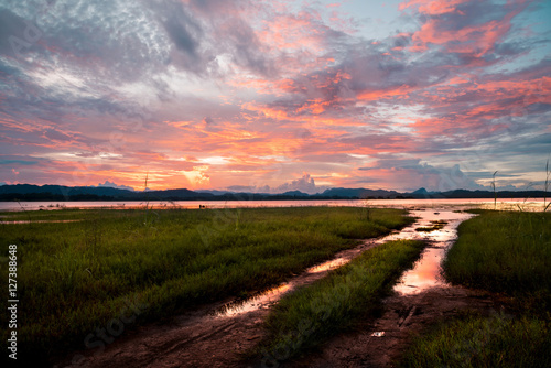 landscape mountains and water view in sunset sky, in kanchanabu