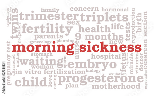 Morning sickness. Word cloud, red font, white background. The miracle of birth.