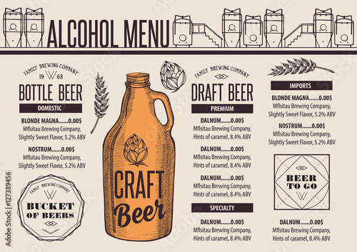 Menu beer restaurant, alcohol template placemat.