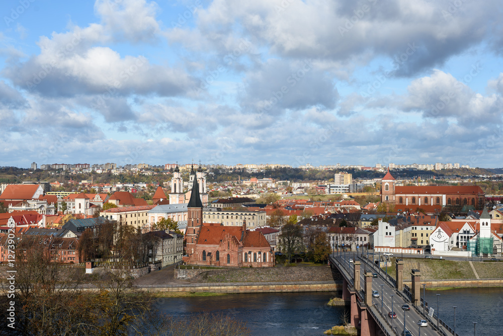 Autumn panorama of Kaunas from Aleksotas hill, Lithuania