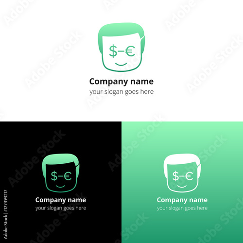User, man, human people head with money icon in eyes. Logo, icon, sign, emblem vector template. Abstract symbol and button with gradient for business, bank, pay conversation firm or service company.