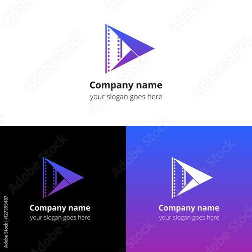 Play music sound button and video movie film strips flat logo icon vector template. Abstract symbol and button with violet-blue gradient for music, cinema, television, industrial service or company.