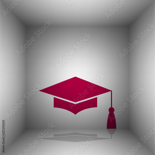 Mortar Board or Graduation Cap, Education symbol. Bordo icon with shadow in the room.