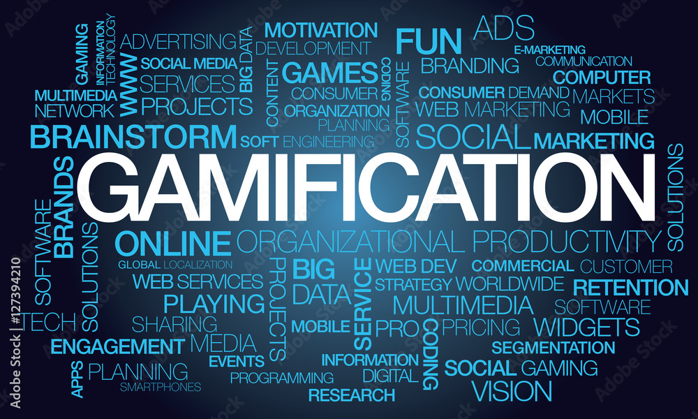 Gamification play words tag cloud text playing games social marketing user engagement organizational productivity motivation - obrazy, fototapety, plakaty 