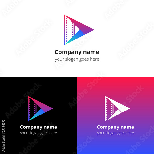 Play music sound button and video movie film strips flat logo icon vector template. Abstract symbol and button with pink-violet gradient for music, cinema, television, industrial service or company.