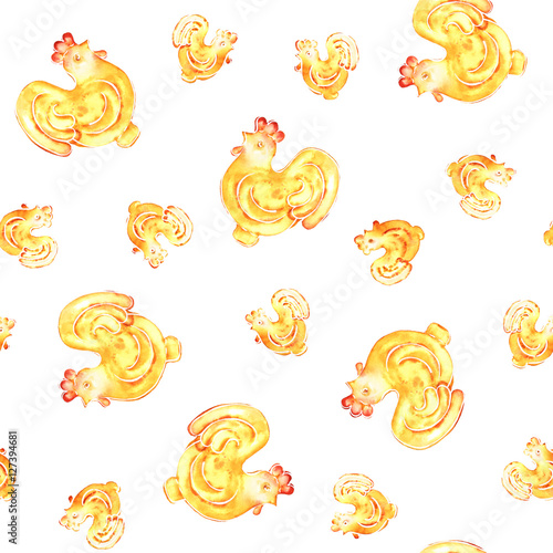 Red yellow watercolor cockes on white background. Hand-painted seamless pattern for Chinese New Year