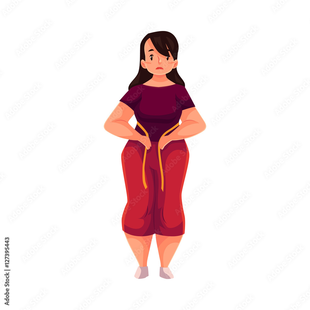 Fat woman measuring herself with a tape and feeling sad with results,  cartoon vector illustration isolated on white background. Overweight woman  measuring her weight, failed weight loss attempt Stock Vector | Adobe