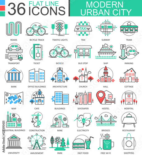 Vector Modern city color flat line outline icons for apps and web design. Urban city elements.