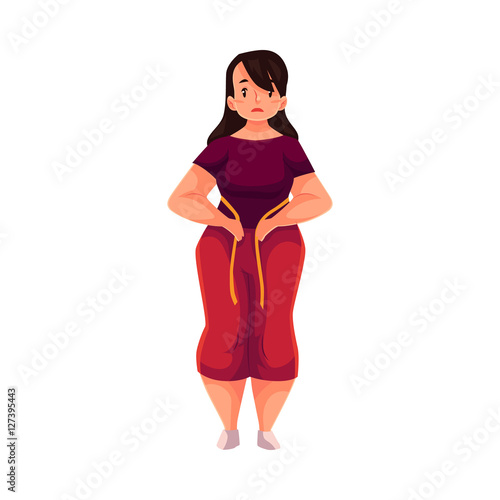 Fat woman measuring herself with a tape and feeling sad with results, cartoon vector illustration isolated on white background. Overweight woman measuring her weight, failed weight loss attempt