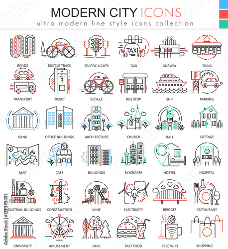 Vector Modern city color flat line outline icons for apps and web design. Urban smart city elements icons.