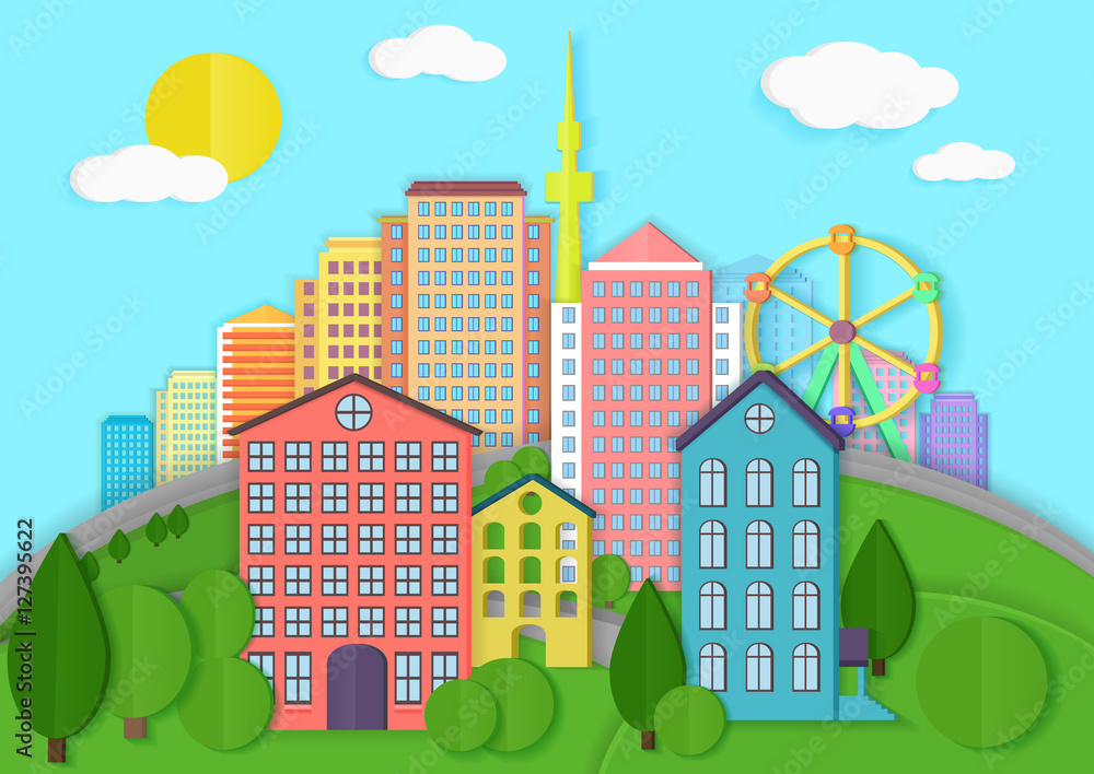Plakat Modern city cardboard landscape. Paper color style urban city vector illustration.