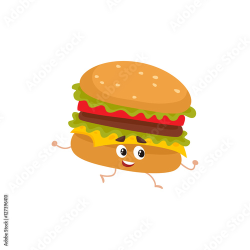 Funny burger fast food kids menu character, cartoon style vector illustration isolated on white background. Funny cheese, beef burger character with eyes, legs, and a wide smile
