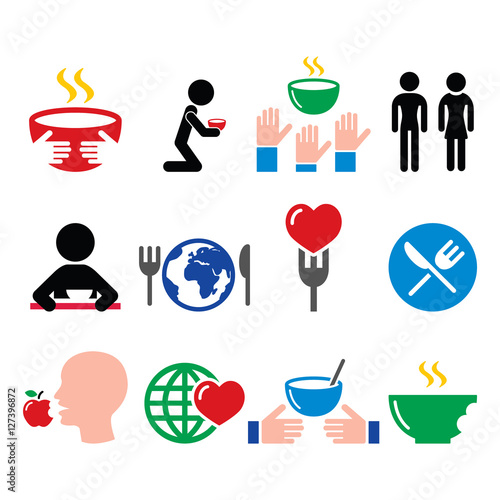 Hunger, starvation, poverty icons set