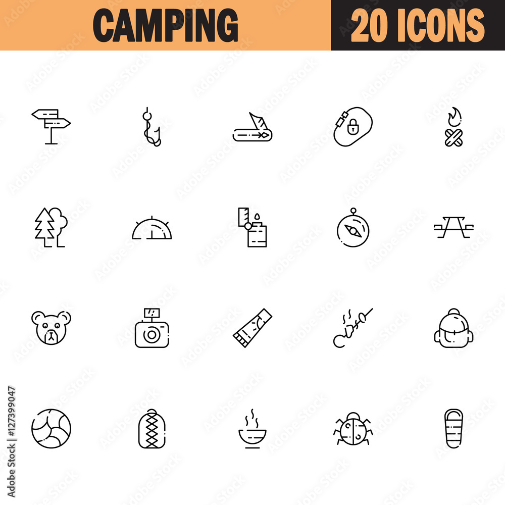 Camping flat icon set.