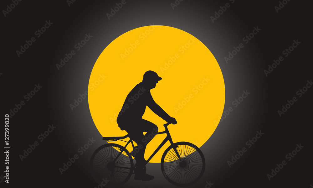 Silhouette man riding the bicycle with super full moon on background