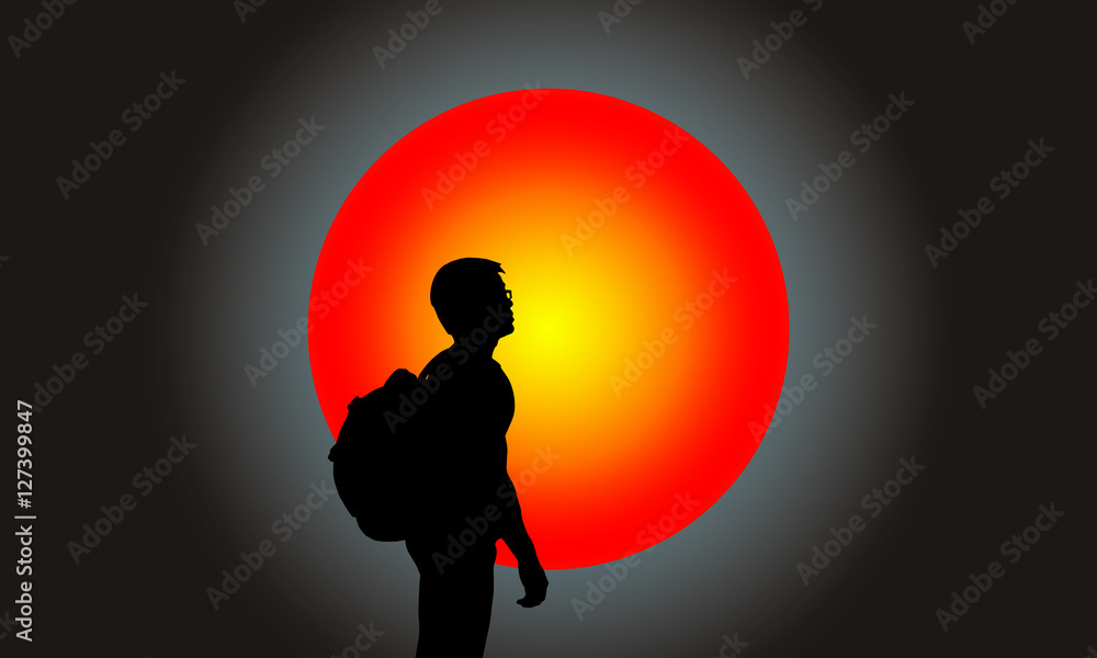 Silhouette backpacker with super full moon background Silhouette backpacker with super full moon background