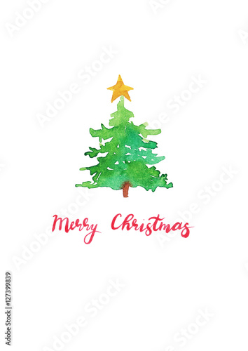 Christmas tree with a star and the words "Merry Christmas." Wate
