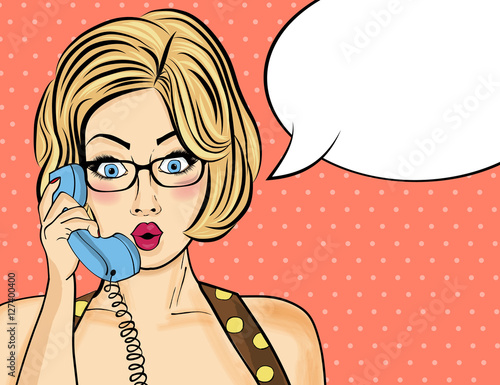 Surprised pop art  woman chatting on retro phone . Comic woman w