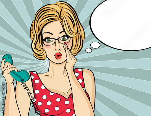 Surprised pop art  woman chatting on retro phone . Comic woman w