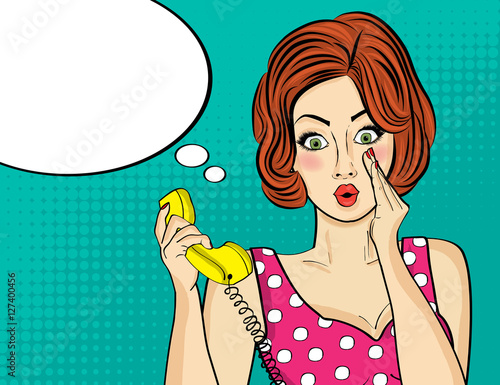 Surprised pop art  woman chatting on retro phone . Comic woman w